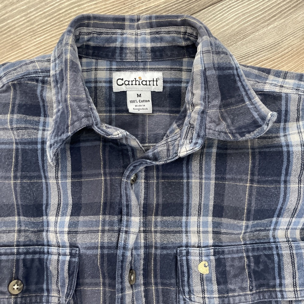 Carhartt Plaid Western Shirt Men's M Blue Plaid Button-Up 100% Cotton